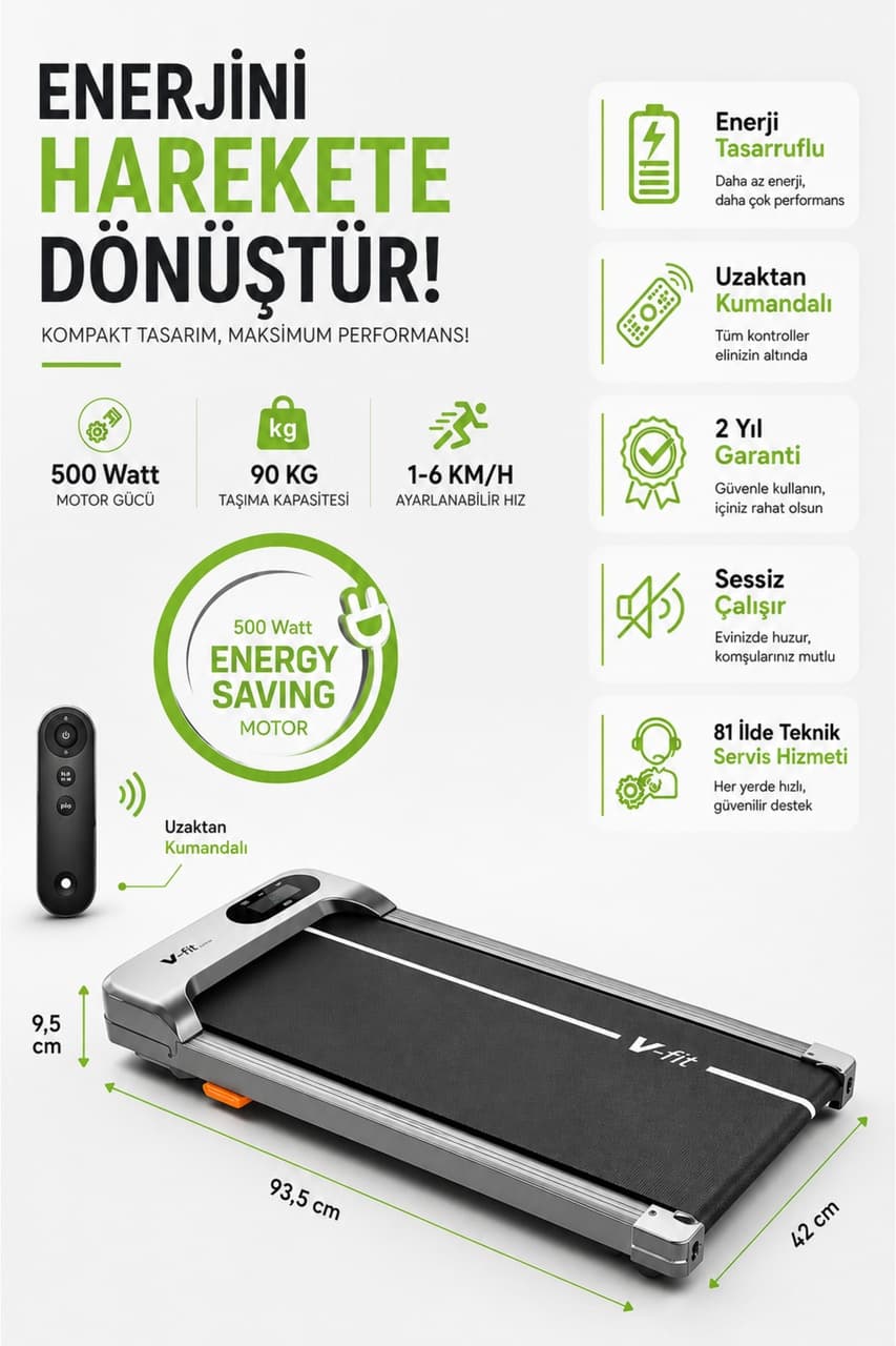 Vfit V-Fit Flat Koşu Bandı 34 X 79 Cm Minimal Yürüyüş Bandı Uzaktan Kumandalı & Eğimli