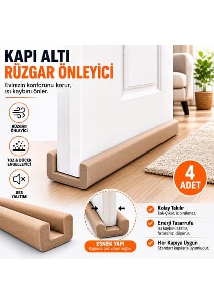 Baffhome 4 Adet Kapı Altı Rüzgar Önleyici Isı Yalıtım Süngeri Soguk Rüzgar Önleyici